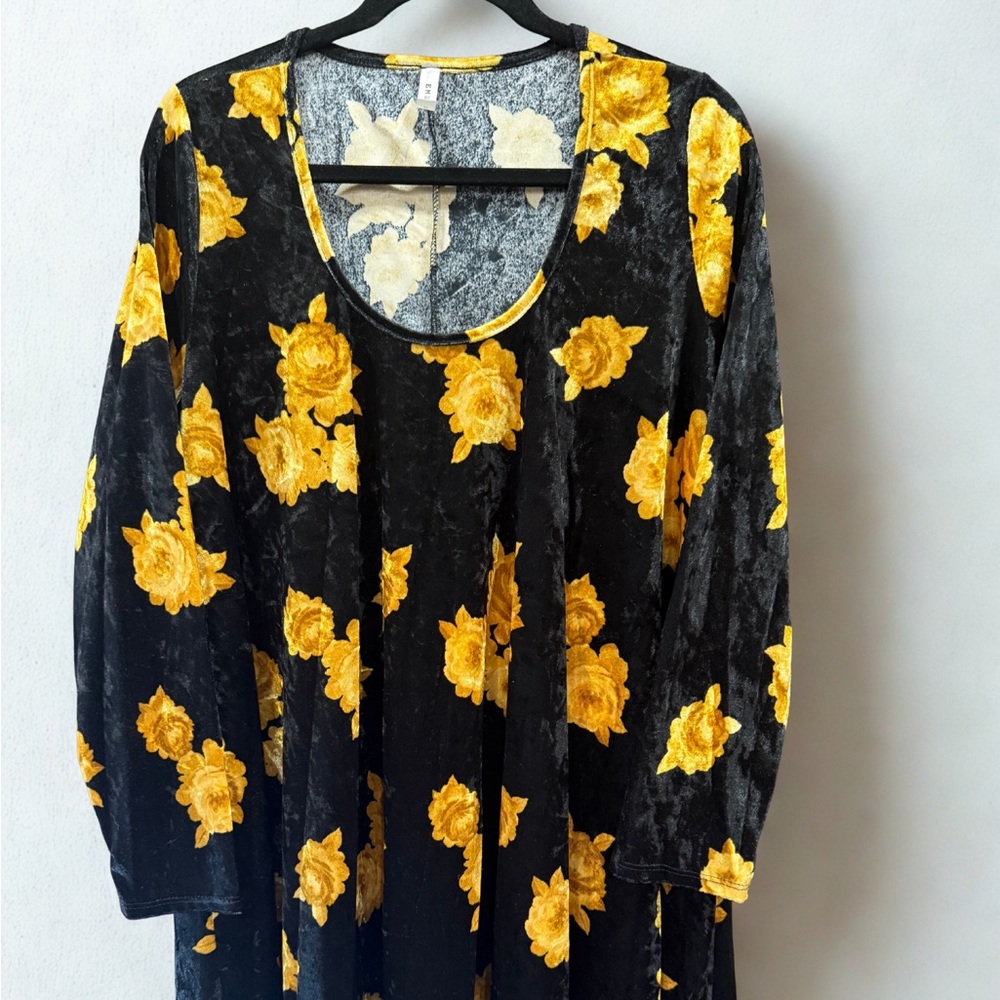 Emerald Black Dress with Yellow Floral Design